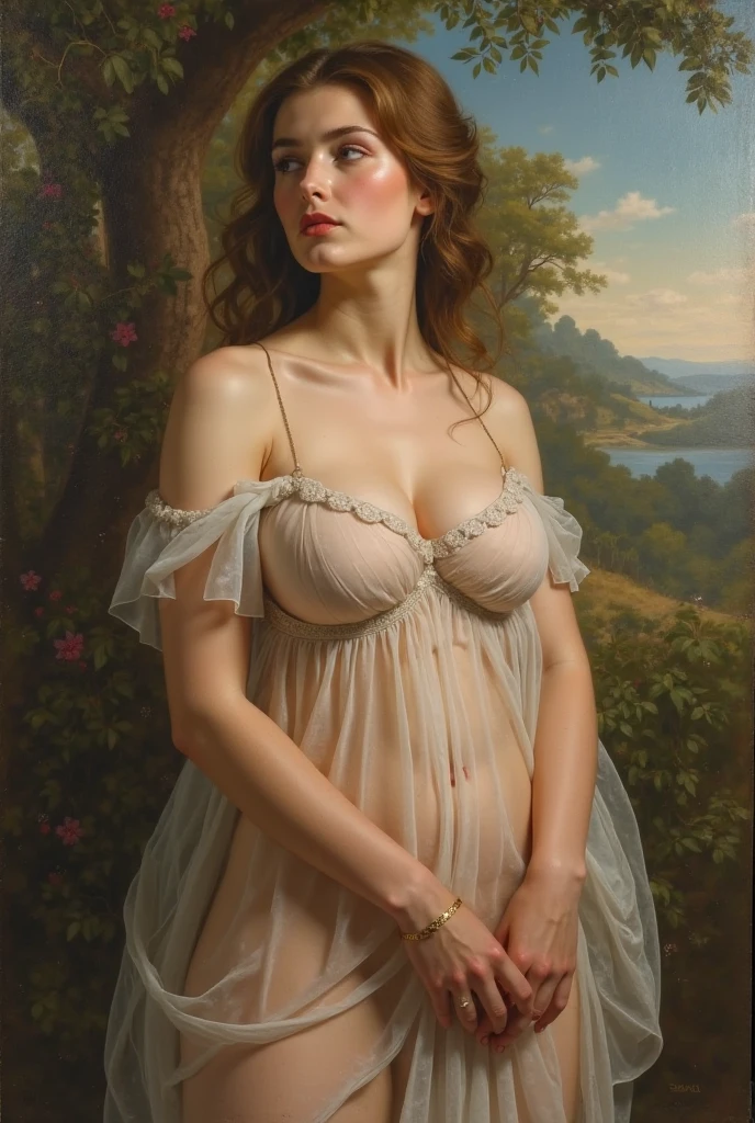 oil painting featuring a 18yo girl surrounded by lush plants. A blonde curvy-girl(with a large breast, bright blue-eyes, very pale skin, bold pink-lips, long blonde-hair(combed back))hourglass figure(large breasts). ((Dressed in a black-veil (floral-intricate design), and adjustable ((Pink/navy-blue))-Satin-bikini-set with a lace-trims details(undersized halter bra(that accents her ample bust, almost bursting out), with a side tied thong, gold earrings and bracelets)): In this evocative fine art photograph captures a melancholic a Blonde bombshell. As an asymmetric pose(She is holding a plastic bag, while is surrounded by lush plants),(with gold upholstery), at her back a part of painting inspired by(Pierre Auguste Cot, Daniel F. Gerhartz, Jules Joseph Lefebvre, Bouguereau, Albert Lynch, Roberto Ferri), balanced, graceful, 'aesthetically pleasing', highly detailed oil painting, a fine art painting, figurative art, (((Oil painting in a pink/black /Navy Blue-monochrome theme, with accents in Yellow colors))). ((FROM THE BELOW VIEW))
big breast almost nude