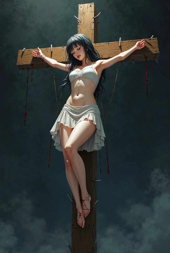 The image is in adult anime style cowboy bebop or Darker than black style with shadows and dim lights, anime style although somewhat adult and dark, It shows an adult woman, 20 year old albino mature woman with red eyes. naked. You can see his bare feet, high. Uneven wavy short hair. has clean toenails. Strong legs. She is crucified against a white marble pillar and pierced by a white spear in her eye., another white spear in the chest, another white spear in the abdomen and a white spear in one of its legs. Anime gore nsfw style. Behind her you can see the sky and vacant land below her..