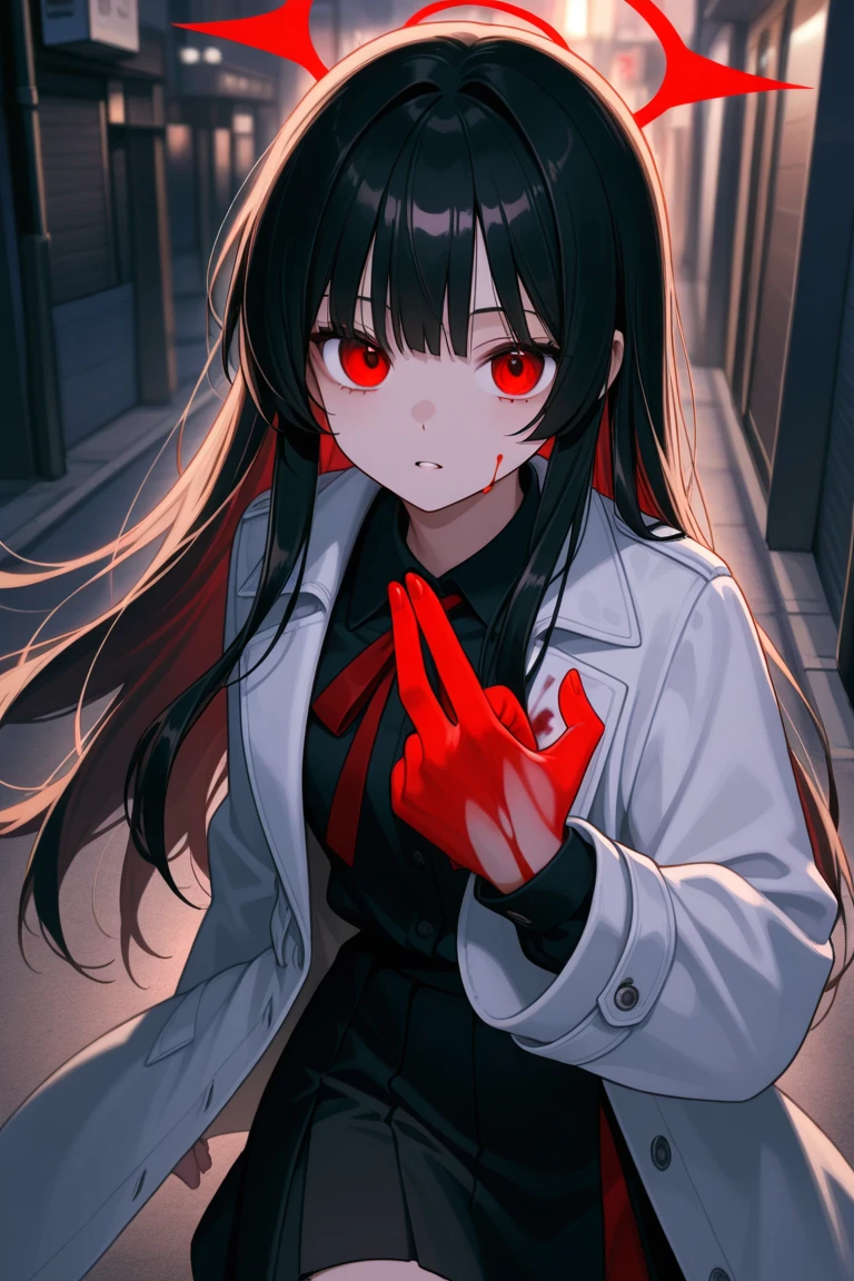 Tall Japanese woman, cut mouth, large breasts, very long black hair, Completely black eyes, dressed in a closed white overcoat, hands covered with bandages, holding crimson scissors, City alley background, red sky, blood dripping from scissors