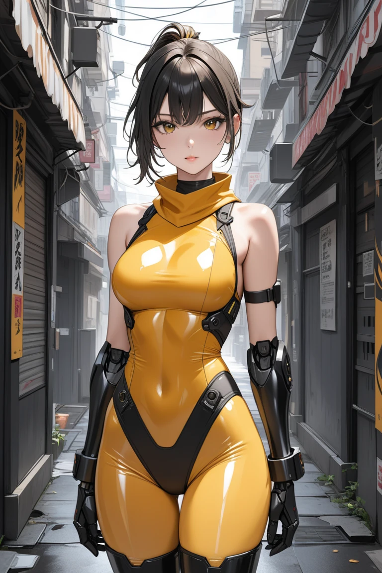Kei from The Dirty Pair, , wearing a tight yellow outfit, frame, legs, medium breast, red hair beauty, cyberpunk city background, holding retro space-gun, headband, slim waist, slim thighs, thigh gap