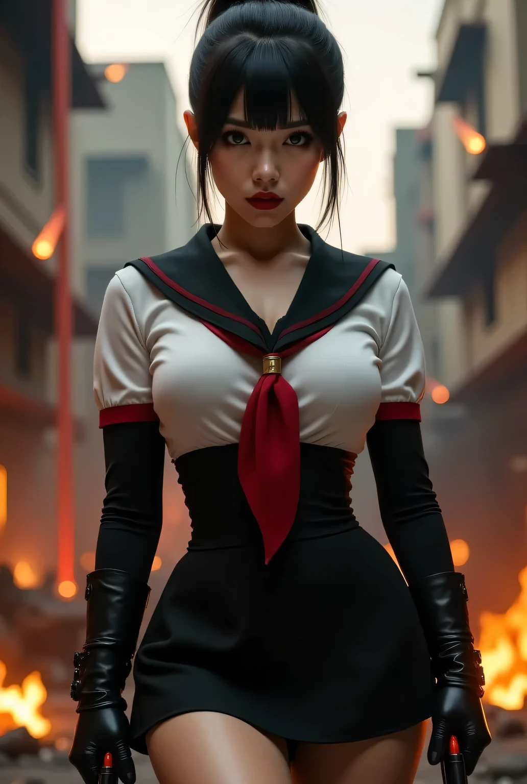A villainous young lady wearing a sailor uniform and carrying a weapon in battle.
Background is a destroyed city.
Super beautiful Japanese girl, villainess, looks like a intimidating dominatrix, condescending gaze, staring at the viewer, makeup, long false eyelashes, eyeshadows, eyeliners, light red lips, short high ponytail.
Glamorous body, big breasts.
Highest quality, masterpiece, colorful to keep.