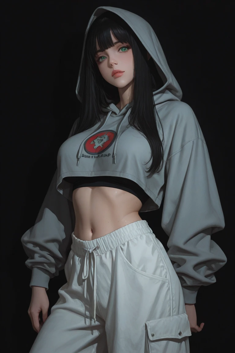 dynamic pose,1girl,pale skin,white hair,delicate face,heterochromia eyes,freckles,(black hoodie,flowing short:1.3),small waist,(wide thigh gap:1.3),white background,(best quality:1.2,ultra-detailed,realistic:1.37),portrait,soft colors,polished lighting