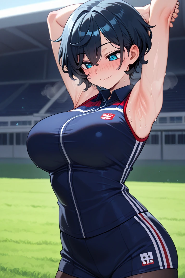 masterpiece、top-quality、girl being possessed、Wearing lewd sports uniform、huge tit、Nice Buddy、Hollow eyes、Grinning mouth、Dark eyes、semi-transparent spirit、being forced into perverted poses