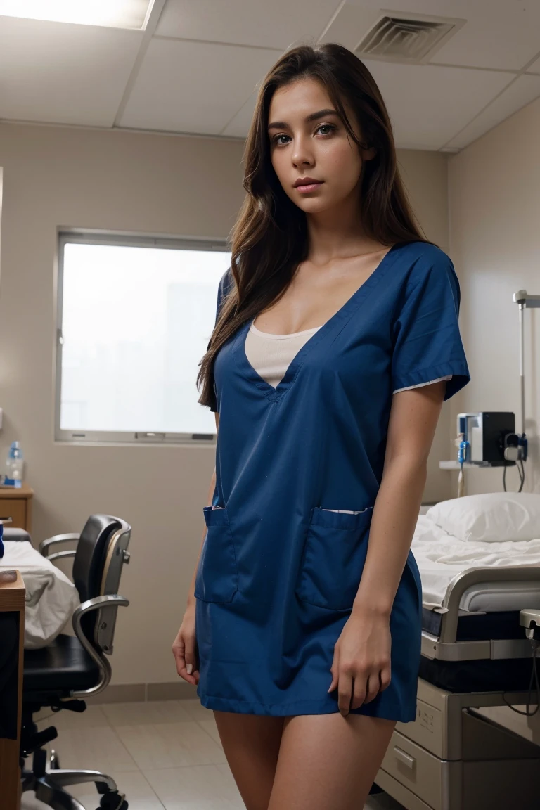 latina, 23 years, white, long straight black hair, curvy body, unclothed, naked, illuminated with a soft light, the background an operating room and medical equipment