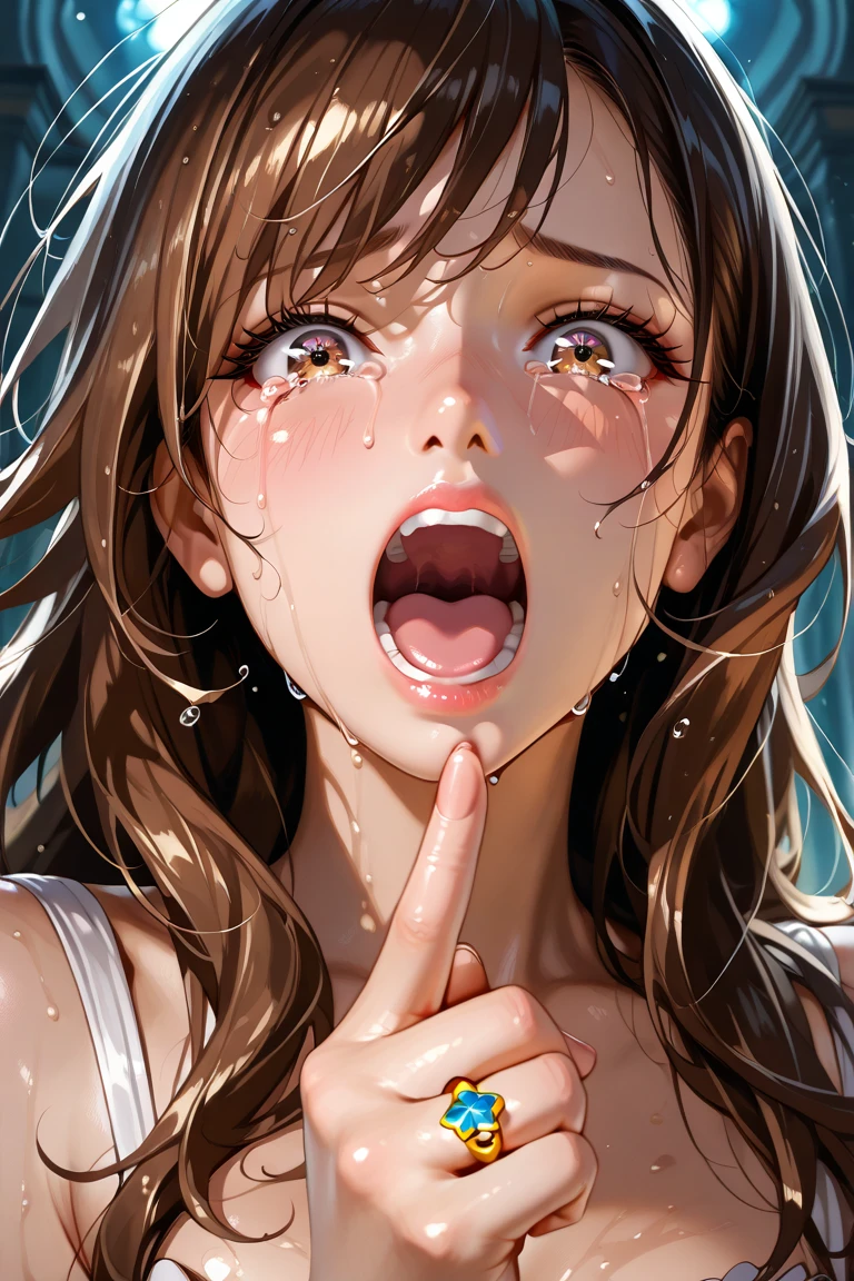nsfw:0.5, (((HHH))), a precious special eroticism porn scene, Express all her emphasized feelings through her facial expressions and posing,
ultra masterpiece, ultra high quality, spectacle scale, photorealistic:1.3, ultra high resolution, described in ultra fine detail down to the minutiae, sharp, clearly, textured, depth of field, professional composition and lighting, (close-up shot), from below,
sexy, sensuous, erotic, eros, horny, sexually aroused, craving:1.1, (panting), messy, loose, sticky slimy, (raw), shiny, glaring, rich in color,
high grade flashy courtesan, (looking up and (enraptured:1.1 rapt:1.1 (half-open)) bedroom eyes to downward camera view)),
wearing wrinkled ((vivid (bright color (shiny satin) sexy pajamas dress))), skindentation, Wedgie, erect nipples, itching pussy,
beautiful sexy face, detailed mouth:1.1, detailed too shiny lips:1.1, large firm breasts, Delicious body, oily wet translucent skin, messy loose (updo) with side-swept bangs hair, gold simple necklace earrings,
((blush)), (((sweat))), a little particle sweat drops, (((steam))), ((sigh)), ((((drooling)))), (((((ecstasy))))), ((((orgasm)))), (((ahegao))), ((((cum on body)))),
((blissful:1.5 ecstatic expression:1.1)), oral vagina, Drooling slimy tongue, Give me her special H service that captivates boys, ecstatic attentive escort service energetically, late night when sexual desire increases, Her sexual energy has increased, Anyway she is a very intense pervert,