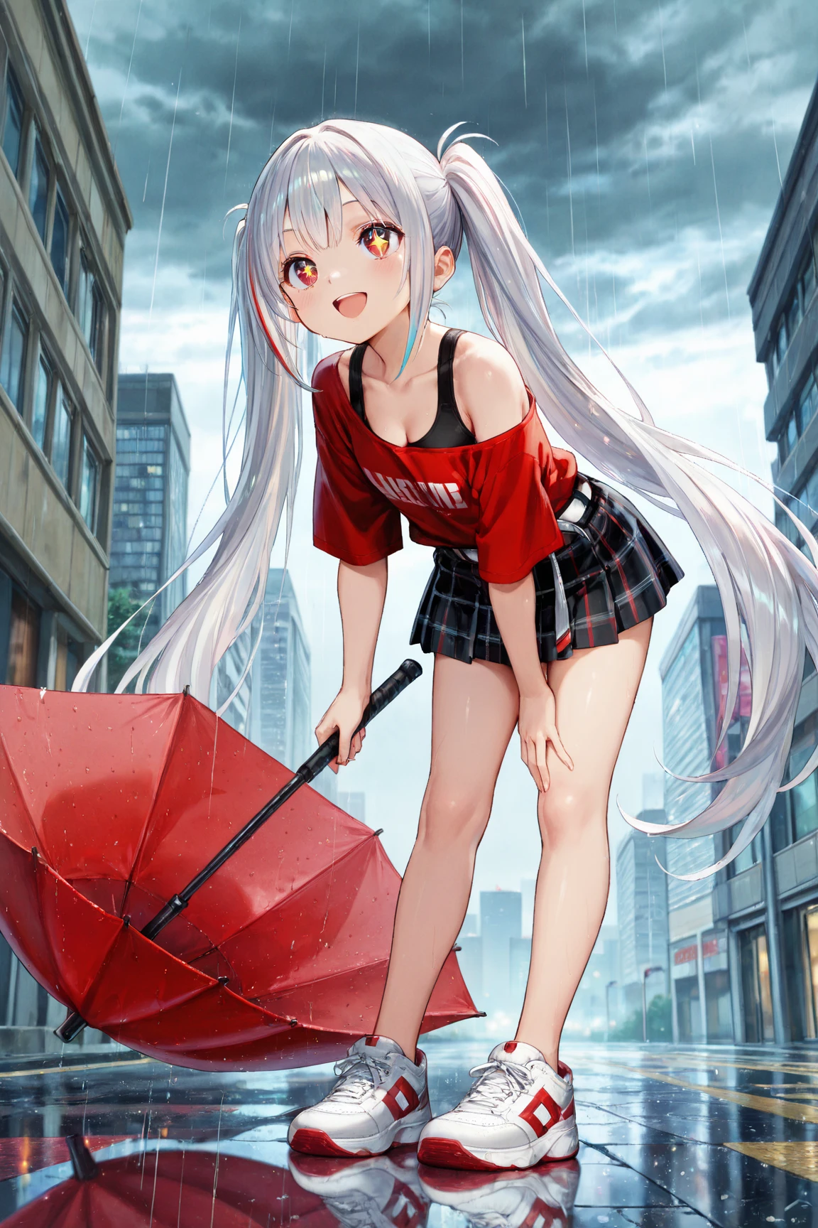 Giantess in the city sits on a building,Holding Erlang's legs,Bus stop,Warm lantern lights,the night,lots of people,Barefoot,high high quality,detail processing,bottom viewa,nakeness,The tallest giantess,Tall,Little man,wetfloor,Wet feet,Sateen,rainy evening,disrupt