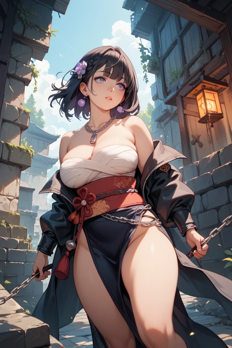 (high resolution, The pixels are perfect, lavish illustration: 1.5), (stunningly beautiful: 1.6), samurai woman, (female beauty: 1.8), bare chest: 1.5, large and voluptuous: 1.4, wide hips: 1.4, (Realism:1.4), (Historically accurate:1.2), Tattered Kimono, (Detailed Armor:1.3), (Toes peeking out of traditional sandals:1.2), (Fierce expression:1.3), (Long black hair:1.2), (Bare midriff:1.3),