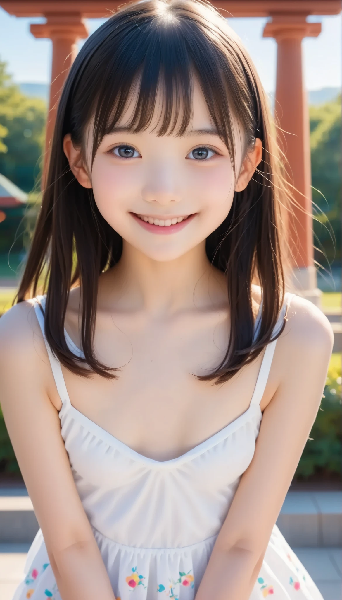 (8k), (raw photo),(top quality),(dramatic lighting, depth of field), (cinematic post-processing,cinematic scene,Cinematic Composition,cinematic lighting),
(A 、young woman), (elementary school girl in toddler clothes)
(is very beautiful ,Highly Detailed Faces,Detailed shoulders,Detailed bust), ( beautiful scenery, crystal ball isometric view,Natural light is too bright ), 
( Sunlight shining on her chest ),
((cute,No makeup:1.3)), ( Immature Construction ,Delicate Body),(slender figure), (white porcelain skin:1.3),(white skin:1.7), (pretty face,    bright eyes,No makeup), (Gorgeous Girl),
(wearing a tiny microcrystal ball), (dark hair),semi-long hair without a square、
(Thin chest,small breasts:1.3),(Narrow shoulders,Thin Arms), (slim thighs,small butt:1.3),
(white tank top:1.3),Gym Clothes、Wet、
(innocent face),(Smile,closed mouth,angelic) ,(hiding face:1.2),chest stretch