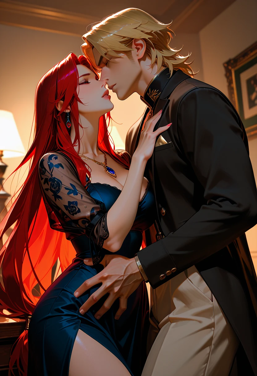 Depicts a strong werewolf hugging a blonde girl,(((black humanoid wolf))),(((Black furry humanoid wolf))),(((Beautiful sexy girl))),(((Girls wear:red head band, cloaks, big bust bra, a skirt, red long skirt,laced dress))),((Sexual suggestiveness)),Correct anatomy,详细的脸, 詳細な目,(((the right proportions))),City at night,The lights are on,romantic love story,Warm picture,a warm color palette,(post impressionist),(Fechin Oil Painting - Fechin Oil Painting , oil painted), 000