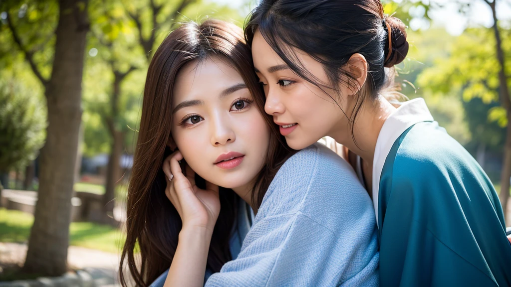((highest quality, 8K, masterpiece: 1.3)), sharp focus: 1.2, two beautiful women with perfect style: sexy red kimono, women are deeply in love with each other, kiss, (dark brown hair, big: 1.2), (Natural light, city street: 1.1), Highly detailed face and skin texture, fine eyes, double eyelid, close your eyes and ask for a kiss