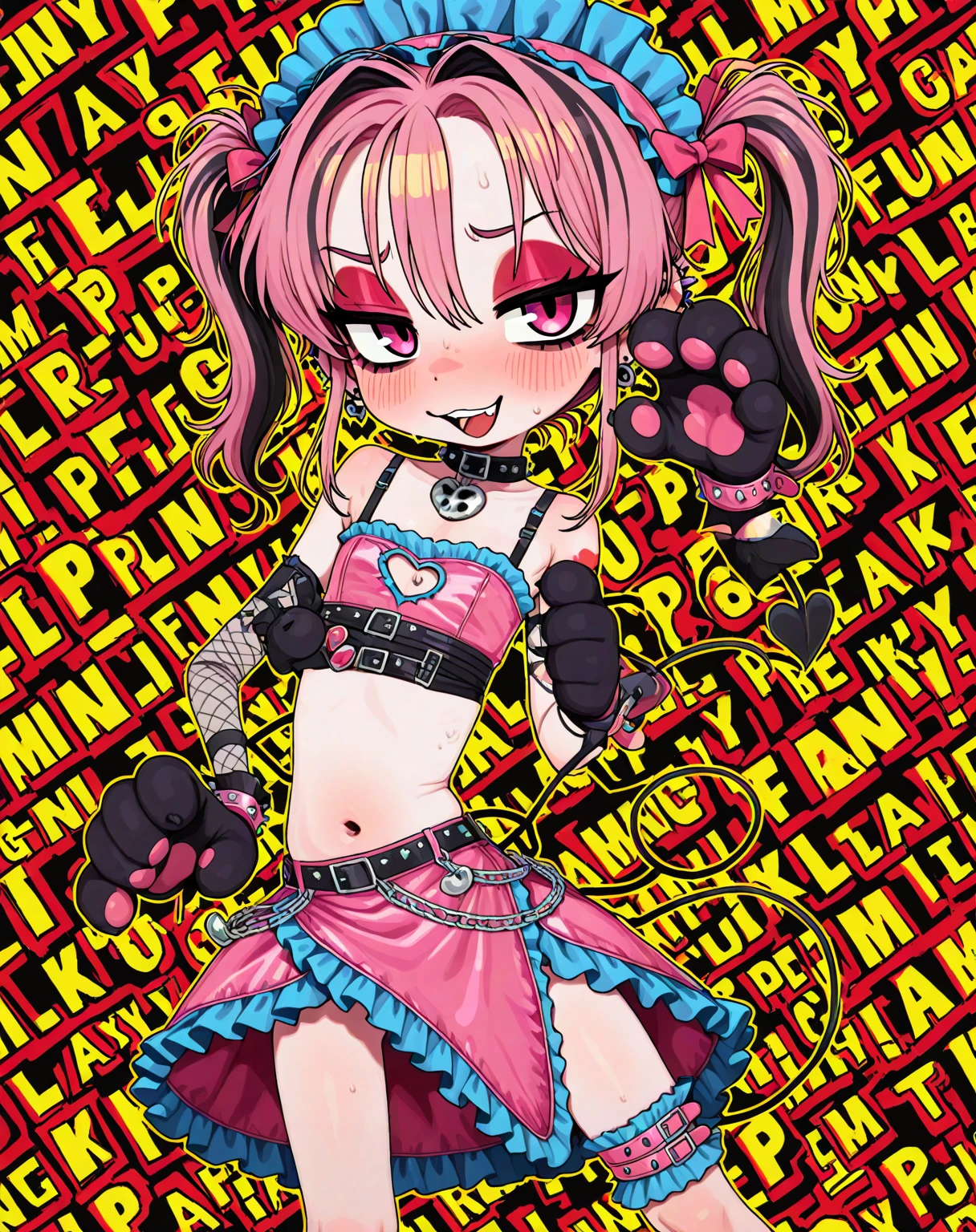 PeronaChan, 1girl, long hair, pink hair, solo, black eyes, blunt bangs, twintails, drill hair, smile, (small breasts), lipstick, makeup, ((short skirt, white T-shirt)), thighhighs (complex abstract background, detailed graveyard), cowboy shot,