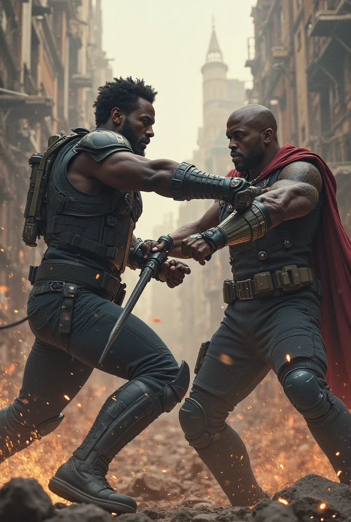 a fat black man with iron gauntlets, fighting an old man, cinematic lighting, dramatic action pose, highly detailed, unreal engine, octane render, volumetric lighting, epic fantasy, dark and gritty, chiaroscuro lighting, moody atmosphere, dynamic composition, heroic, (best quality,4k,8k,highres,masterpiece:1.2),ultra-detailed,(realistic,photorealistic,photo-realistic:1.37)