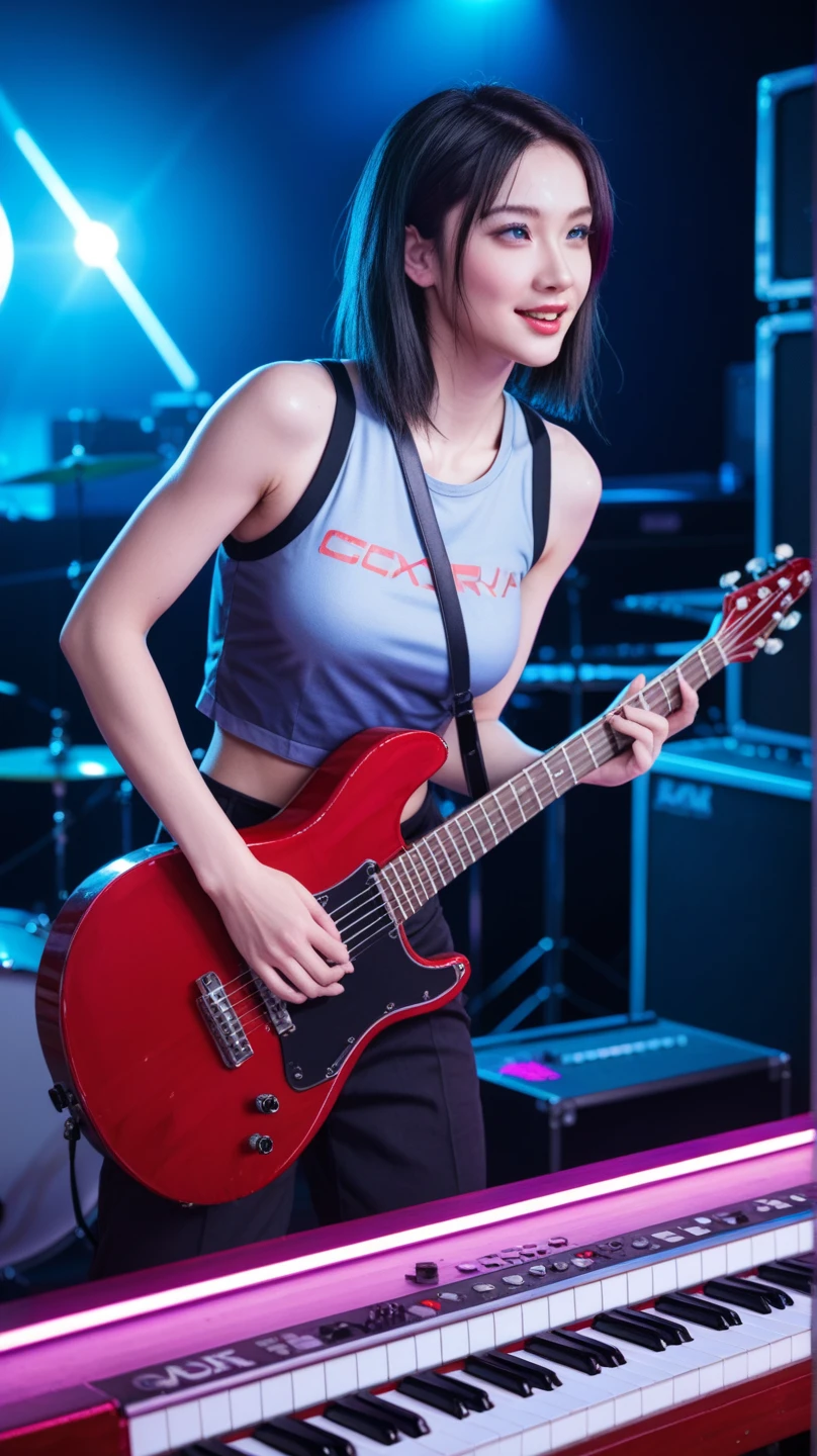 ((masterpiece, best quality))1girl, solo, black dress, blue eyes, electric guitar, guitar, headphones, double ponytail, holding, holding plectrum, instrument, long hair, music, one side up, teal hair, twin tails, playing guiter, pleated skirt, black shirt, interior