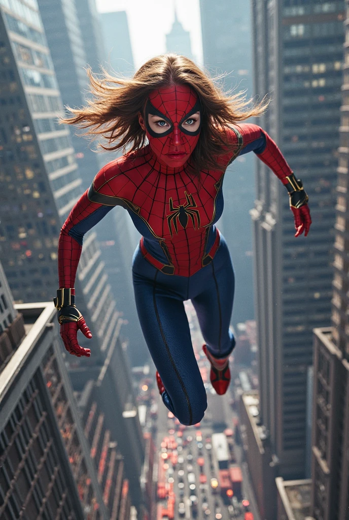 Marvel movies,full body,photo of a 18 year old girl,spiderman,diving from the sky,happy,laughing,ray tracing,detail shadow,shot on Fujifilm X-T4,85mm f1.2,sharp focus,depth of field,blurry background,bokeh,motion blur,<lora:add_detail:1>,