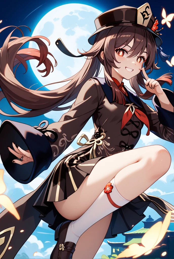una chica al estilo del manga Boku no hero Academia. Long brown hair with bangs and pink eyes. His hero costume is white and black and he wears white boots.
