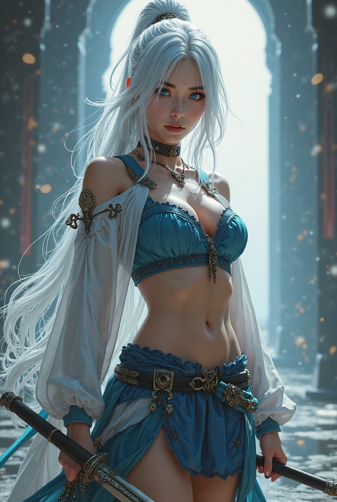1girl, solo, masterpiece, high quality, full length, noblewoman, crop top, skirt, aasimar, fantasy, white hair, blue eyes, midriff, perfect body, perfect face, perfect breasts, muscular, abs, tall