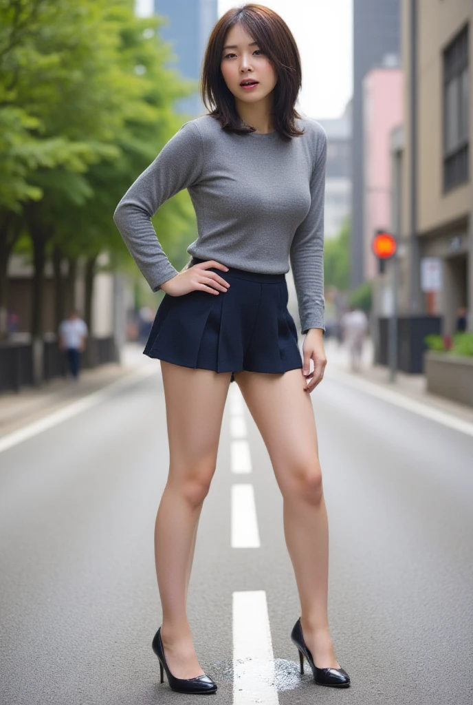 Tatsumaki from one puch man, green hair, sitting legs crossed, curvy body, wearing simple black flats, skirt, entire figure, no background, focus on flats