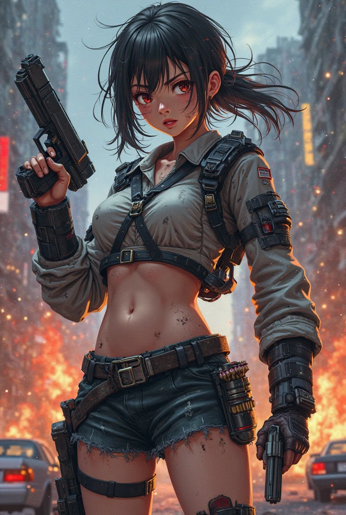 lighting like a movie、top-quality、Female Warrior in Survival Bikini、Industrial Zone、Salvo of guns and Gatling guns、full of sweat、Burst wind、Explosive inflammation、Smoke、