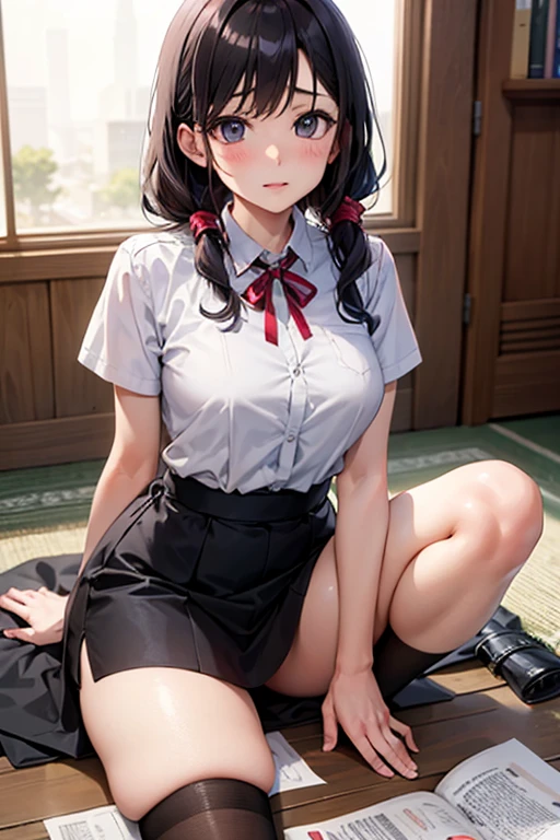 photo realistic, braided . (serafuku).(Super loose socks).10years old. panties Mini skirt.Open clothes.striped panties . squatting. spread legs.. angle from belowMiscellaneous goods are placed in a mess,messy room