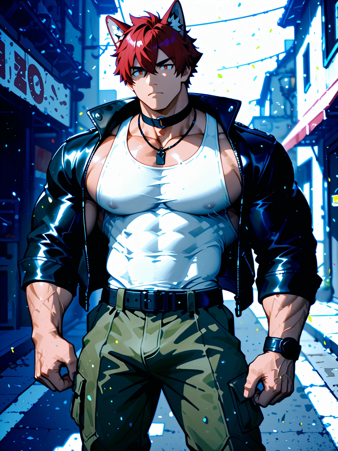 ((Anime style art)), Extremely muscular masculine character, pale skin, rainbow hair, sapphire blue eyes, bodybuilder body, wearing a deep-cut V-neck shirt, hands punching The character is leaning against a wall. Pockets, Futuristic cityscape, Busy route, Buildings, person
AS & Vehicles. Main character from the anime, Nice image, Hard drive, 4k, Main character leaning against a wall with his hands at face level.