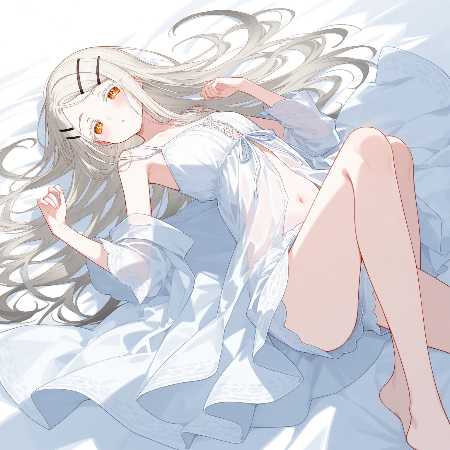long white hair,red pupils,white pajama,The barefoot,Lie down in bed,Close your eyes,Disheveled clothes,Pillow to pillow,While sleeping,lie on one's side,ssmile,Flat chest 1.3