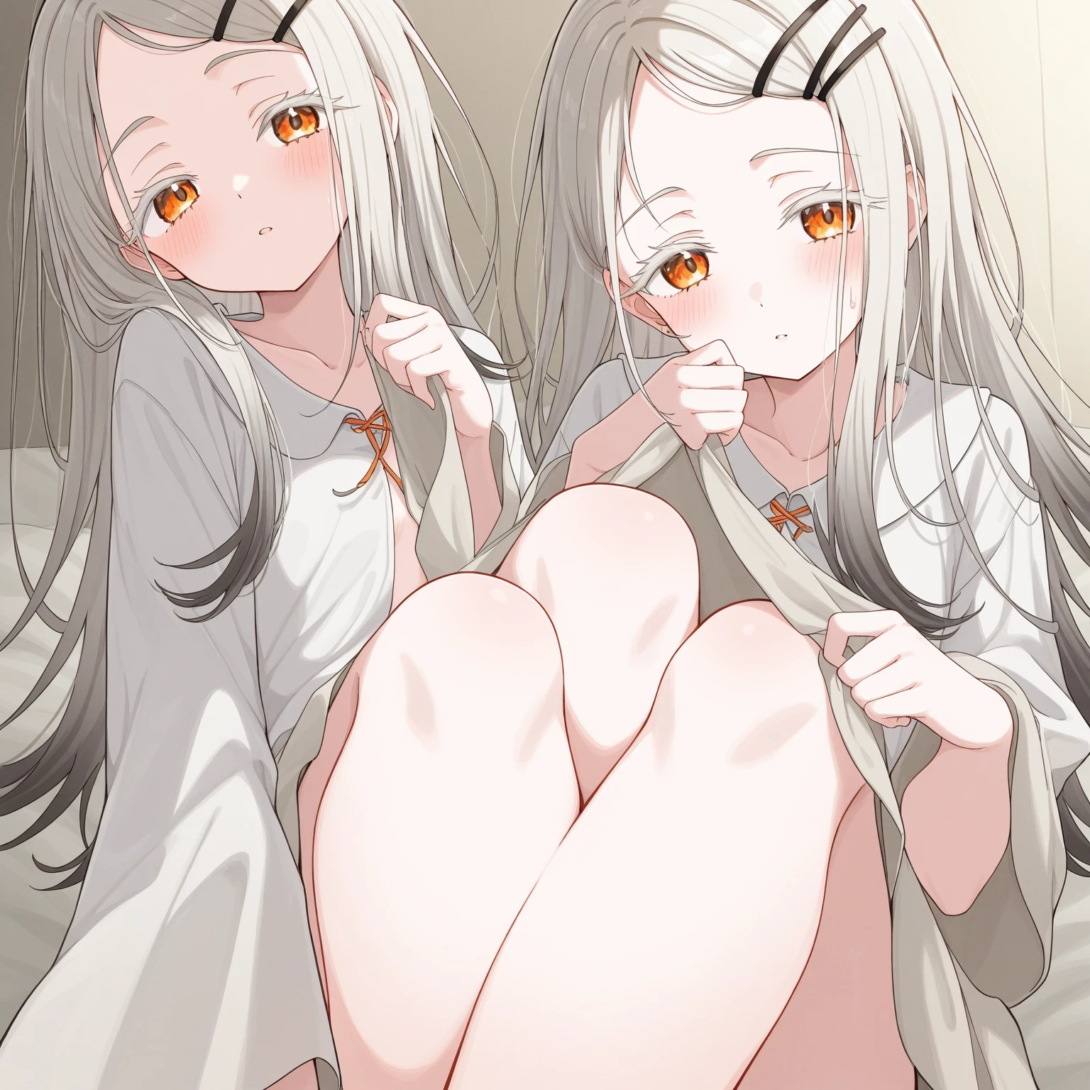 nsfw,(Split Screen,),(Whitehair),sitting,(hugging_own_legs:1.3),(knees up:1.5),woman,Tsurime,red_neckerchief,black_serafuku,bottomlees,hair over one eye,straight-on,long hair,red eyes,yellow eyes,big breast,breasts,masterpiece, best quality, very aesthetic, absurdres,front View,(straight-on),(light hair:1.3),(masterpiece, best quality, very aesthetic, absurdres,(bareLegs),lace,(take_your_pick),(dynamic:1.5),(toes:1.5),Face on knees