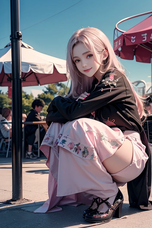 (best quality,highres),lavender hair,pink beret,reaching out hands,red sunglasses,sparkling eyes,plump lips,charming smile,pink floral cheongsam,detailed legs,shiny shoes,cute and adorable art style,portrait background,soft colors,warm and cozy lighting