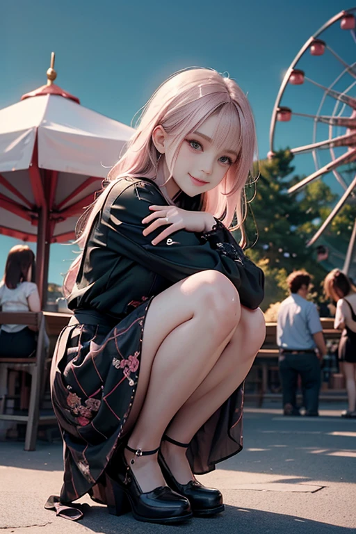 Move the center of gravity back、Put your hands forward from your feet、Put your feet in a ring of hands、pretty embarrassing、without panties、Thin leg、tight skirts、knees at 90 degrees、heels on the ground on、Hands in front of the feet、Hugging legs、Knelt、walkway、RAW Photography、8K、最好质量、 ultra-high-resolution、Beautiful face in every detail、Realistic human skin、Gentle expression、front-facing view、angle from bellow、realisitic、photoreallistic、cute-cute、a short skirt、Squatting deep in the city、cute school girl、Japan schoolgirl wearing uniform、surreal high school girl、body complet、