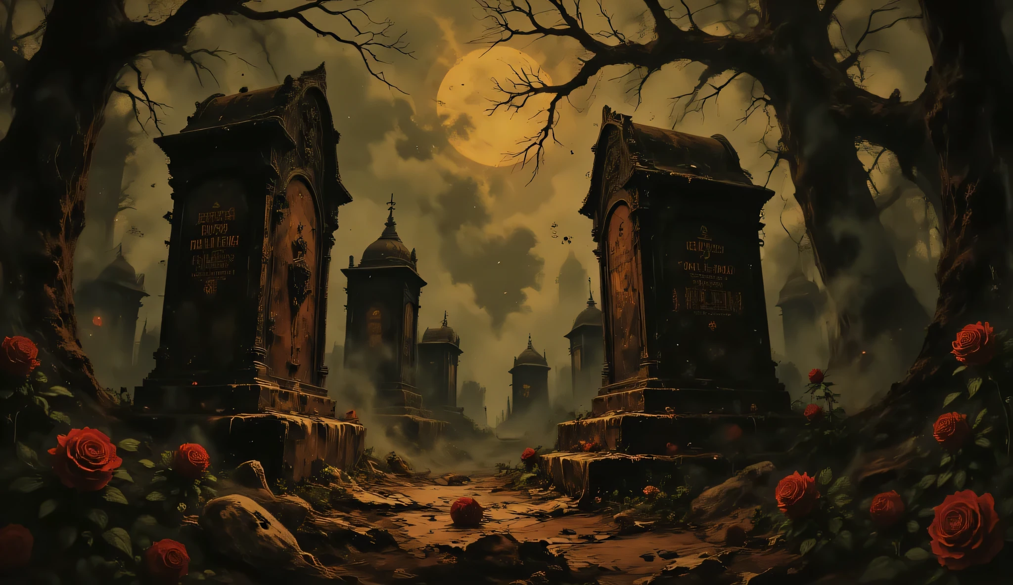Abandoned graveyard, Gothic cemetery, dilapidated, nighttime, darkness, eerie shadows, twisted trees, foggy, surreal horror, haunting art, high detail, masterpiece.