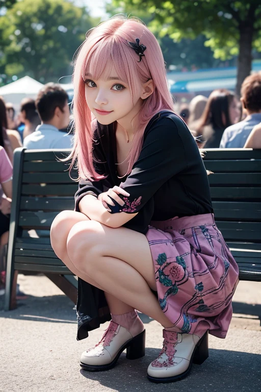Pink Bob,Braids, Demon Horns,simple clothes, I'm looking at this, Legs and five fingers, Green eyes,Beautuful Women,17 age, Cute 2D, backgroundbacklitHD,double tooth