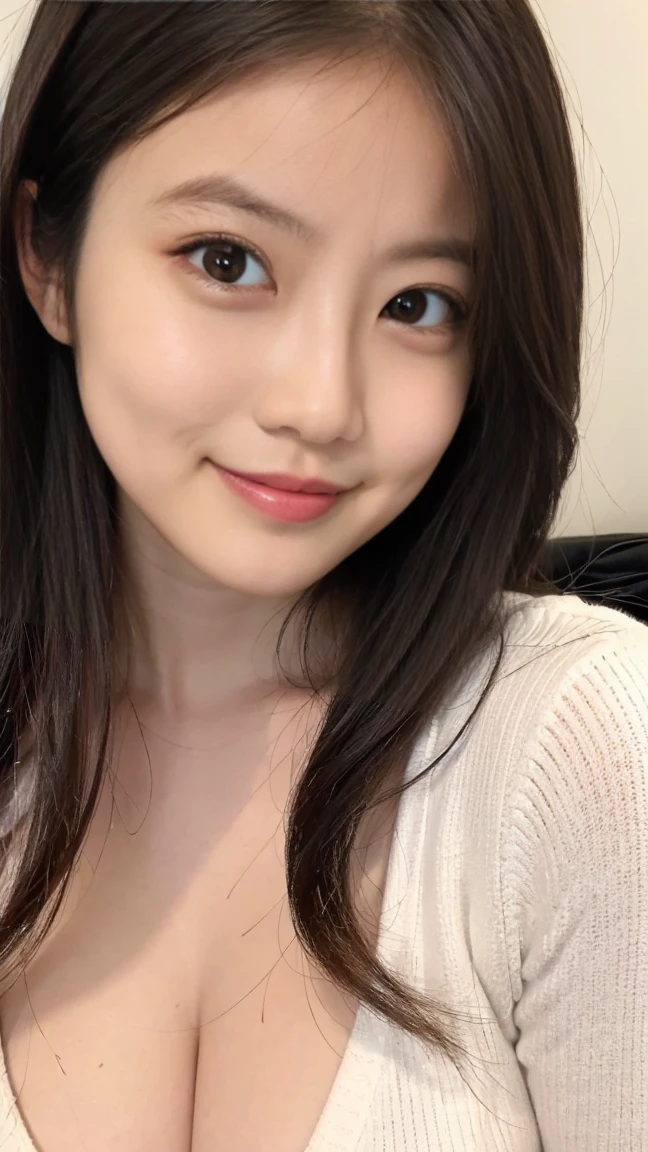 incredibly absurd, beautiful and cute 20-year-old Korean girl with a photorealistic face, showcasing top-quality craftsmanship. Her slender frame adorned with short, messy hair. The artwork high-resolution, allowing for ultra-detailed features to be captured flawlessly. The focus lies on the realistic pupils, showcasing depth and emotion. ((breasts out)) cute smile.