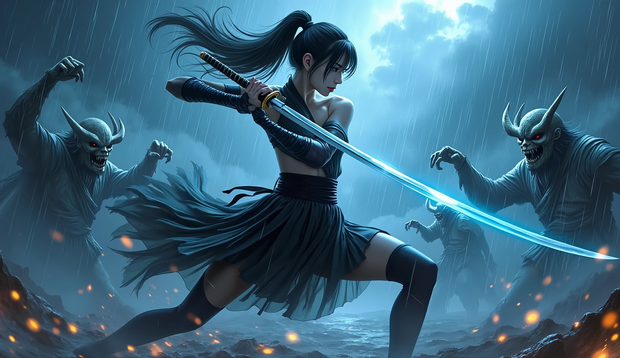 Photorealistic..high resolution..1 girl (kunoichi) Bounty Hunter.. samurai sword..Very beautiful woman ((katana)).Murasame.((切先 fukura)) ((反り) (刃文) (tsukamaki tsuba).Demon slash..Monster slash..Ghost slash..Evil thoughts slash..Famous Sword Murasame..((Alluring blue Light sword))Slash the darkness in mind..[[zombi Demons in battle:1.3]]..Short Hakama..(blue tabisocks) (full body:1.1)..Arm Fingers Exact Position..((Wedge mail tights)) and kunai...kusarikatabira stockings..Magical Gauntlets..rain rain