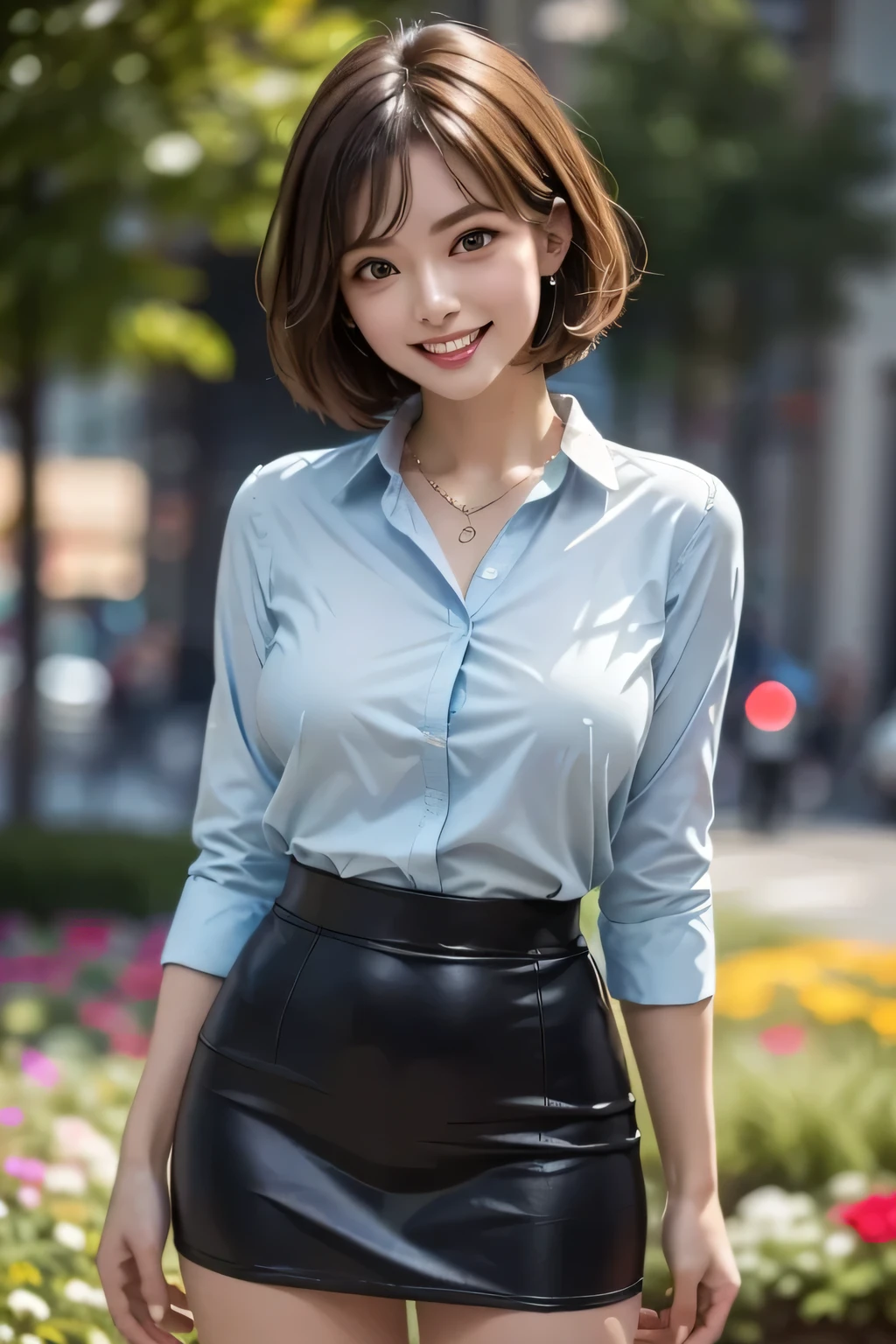(Surreal), (shape), (Increased resolution), (8k), (Very detailed), (Best shape), (Beautiful and detailed), (Highest quality), (Very detailedな), (masterpiece ), ( wallpaper), (Detailed face), 1 girl, 44 years old, grin, Blue blouse and tight mini skirt, Looking at the audience, The finer details, Detailed face, In the Dark, Deep Shadow, secret key, Beautiful Face, Bob Hair