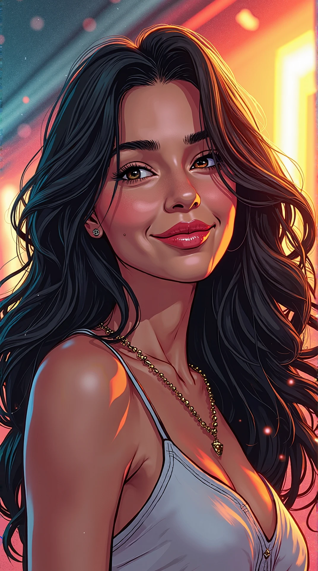 painting of a woman with Crespo hair and a black bikini top, em oil painting style, Crespo haired, 30-year-old woman from cuba, colorsdo saturado, violet myers, 30 year old woman, 30 year old woman, Crespo, detailed retrato colorsdo, colors photo, profile image, sweaty 4k, retrato colorsdo, oil painting style, colors
