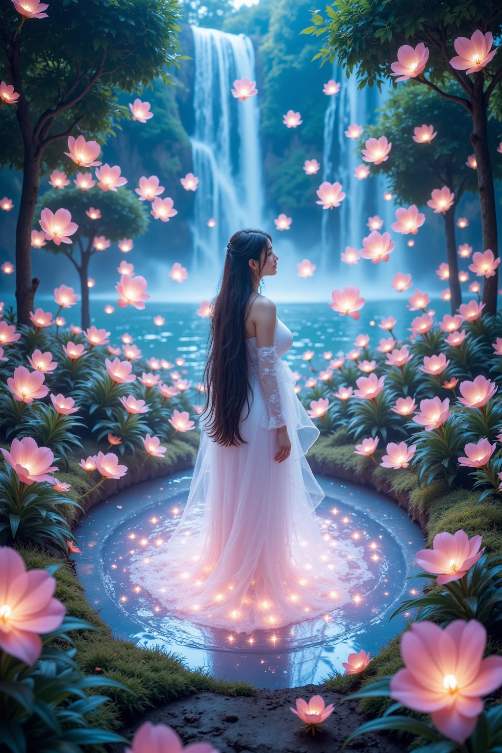 This image is a fantastical and ethereal artwork featuring a person amidst oversized, glowing lotus flowers in a magical forest setting. The atmosphere is mystical, illuminated by the soft glow of the flowers.

The image has an overall purple and blue color scheme, giving it a magical and otherworldly feel.
A person with obscured features is standing in water surrounded by oversized glowing lotus flowers.
The person is wearing a flowing white dress that contrasts with the darker tones of the surroundings.
A large fish with translucent fins swims near the person, adding to the fantastical nature of the scene.
The forest around them is dense with various plants and trees, all illuminated by an unseen light source.
Reflections of the lotus flowers and their glow are visible on the surface of the water.



