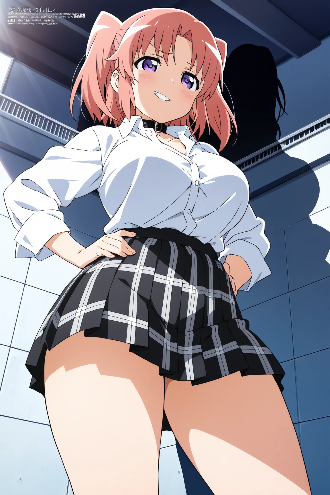 woman,14 years old,pool,noon,(((Miniskirt School Uniform))),,open mouth smile((leather thigh high boots))(See-through),(big ass),(()),blush、surprised face,((())),((look back))(wet state)