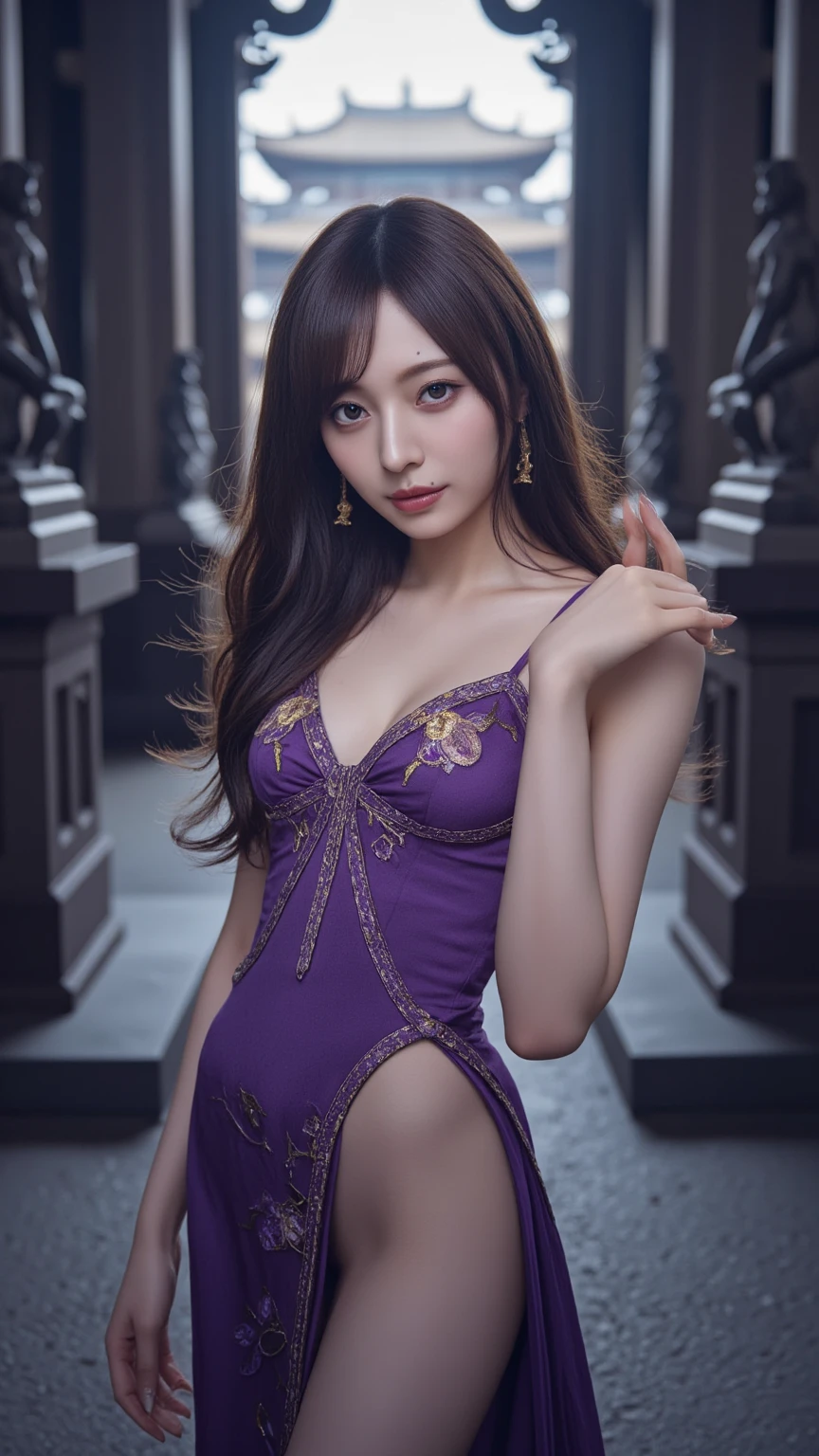 ultra high resolution、super high quality、8K、Detailed details、marvelous expression、1 female、tall slender woman、long brown curly hair、Purple sexy dress with luxurious hair ornaments、Luxury hotel dance party background、