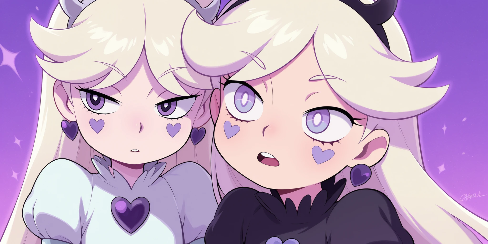 A magical girl inspired by the cartoon: ''Star vs the forces of evil'', long platinum blonde hair, with purple hearts on the cheeks, light purple eyes, detailed, black dress with light purple details.