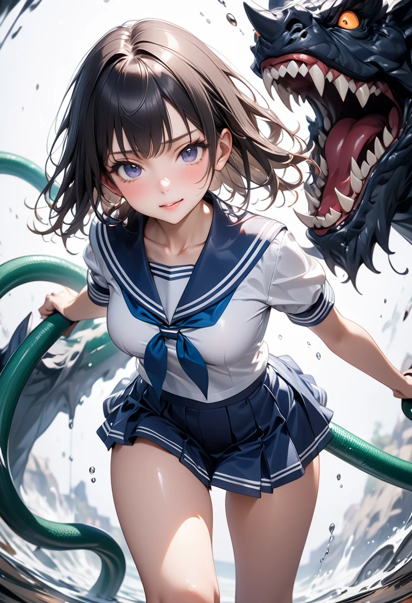 A woman facing a monster face to face、(((masterpiece, highest quality:1.3,absurdres))),cowboy shot,18 year old beauty,solo,((very small head:1.4)),ponytail hair style,long hair,blunt bangs,black hair,glay eyes,Serious expression,blush,medium breasts,((very long body,slender body)),skinny,gleaming skin,shiny skin,   ,(High leg white leotard)、(Short sleeve、Navy blue sailor collar、Red neckerchief、white_thighhighs),    ,Fight monsters with a Japanese sword、Abandoned Factory、at night、