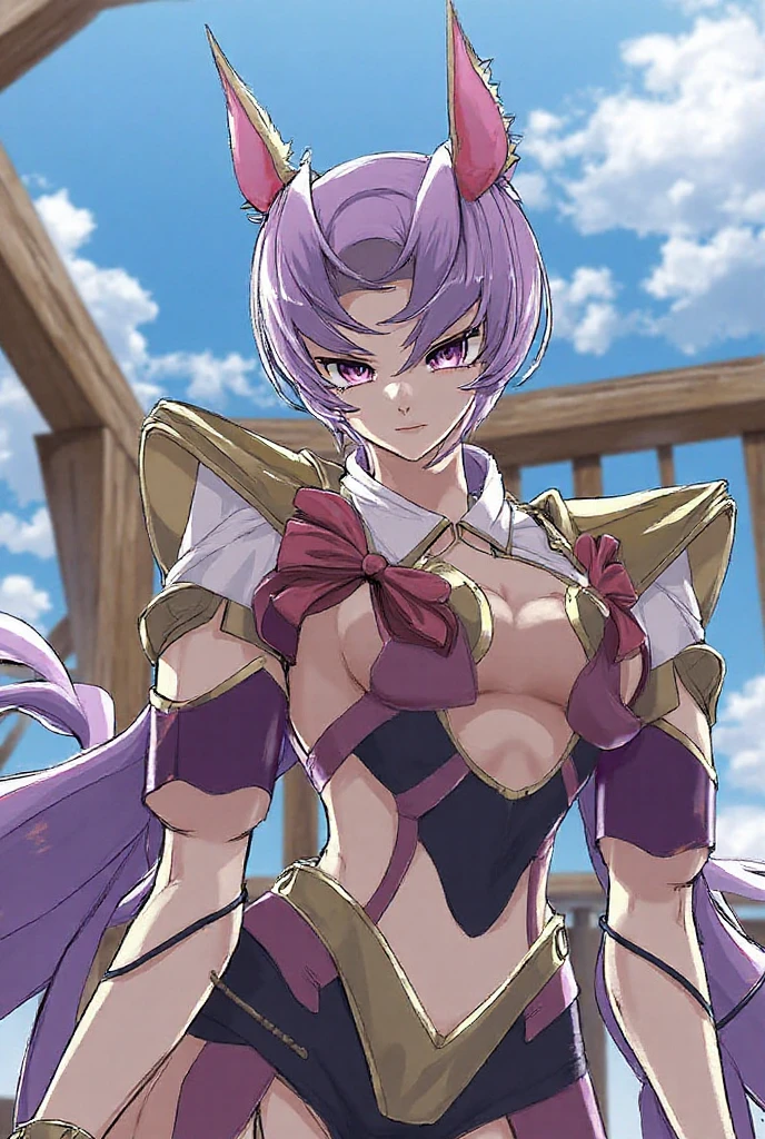 "(masterpiece:1.1), best quality,
1girl, (80s anime style:1.3), (eyelashes:1.5), (loli:1.2),
(intricate high detailed body:1.2),
purple hair, (hair between eyes:1.1), (long hair, straight hair:1.1), (animal ears:1.2),
brown eyes, (red lip stick:1.3),
(dark skin:1.5), (huge breasts:1.1),
(expressionless:1.2),
(silver embroidery leotard armor, navel cutout, tattoo:1.2),
(spiked knight armor, armored boots:1.2), (frill:1.1), (ahoge:1.2), collar,
standing, hand on hip,
(upper body, cowboy shot, looking at viewer, from front:1.1),
(daytime, grassland, outdoors:1.2)"