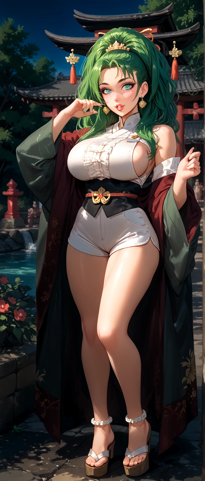 full-body shot, young asian woman teen, ((red wavy hairs with side bang)), long high ponytail, (((long green pleated skirt:1.2) with single slit on the side)), ((white kimono top)), long sleeves, huge round fake breasts, tiny waist, small hips, ((deep open v-cleavage)), tanned skin, tan, (sultry mesmerizing blue eyes), seductive smile, Garter, red lips, full lower lip, standing seducing viewver, red stockings, (very long skirt:1.2), , epic fantasy concept art by mogudan