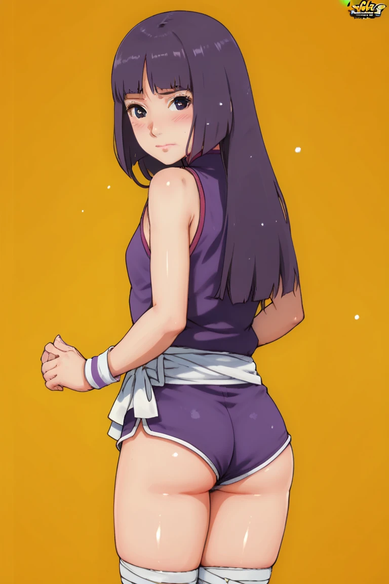 a Wallpaper designed picture with a 20 years old sexy and hot Japanese girl wears a tight gym shorts and an oversized, baggy blackt-shirt that reveals a good portion of her flat, toned stomach. very big well formed and peaky Breasts. The shirt is so loose that it hangs off one shoulder, revealing a smooth, white shoulder, a clear example of underboobs. The woman's body is slim and athletic, with toned arms and legs, and thin thighs. Her very long dark hair is straight but elegant, falling down her back. She has a mischievous grin on her face, and her clear skyblue eyes sparkle with amusement. In the background is a plain white wall, providing a simple but effective contrast to her vibrant appearance. The woman stands confidently and watching down to the watcher to show off her overshirt and underboobs. she is horny and uses her hands to touch her tits.