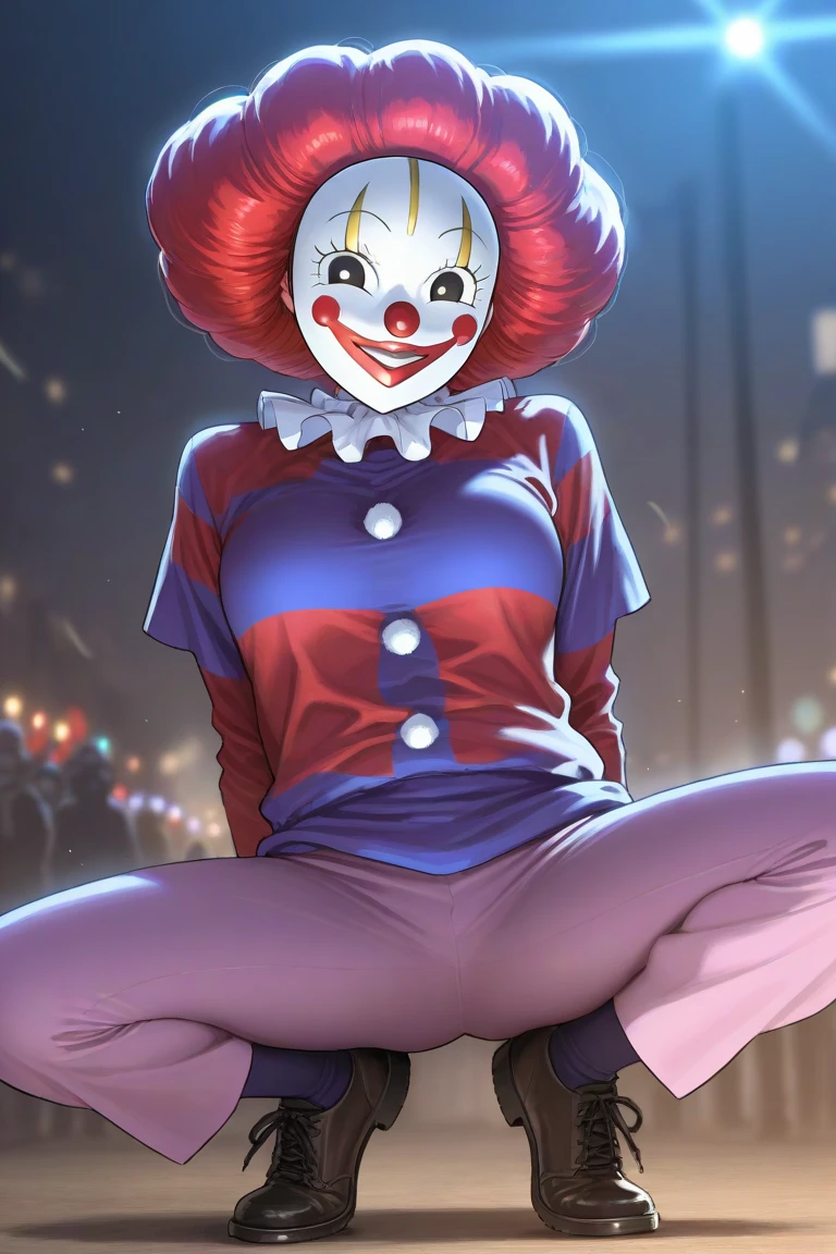 Girl with long hair and bangs with white eyes, clown-painted face, oversized t-shirt, white legs with fishnet stockings, high boots, all black neck, long gloves arms covered