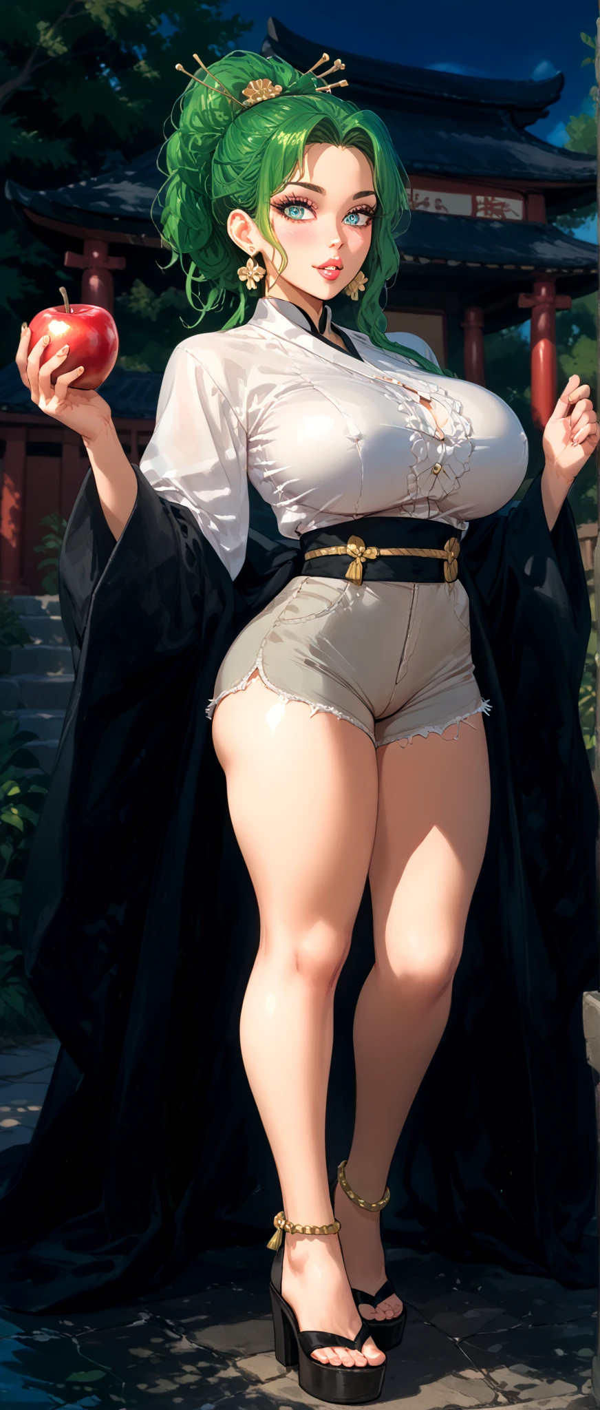 masterpiece, best quality, ultra high res, ultra-detailed, long black hair, ponytail, brown eyes, huge breasts, wide hips, samurai girl, kimono, , young adult, 1 girl, alone, takeda hiromitsu style, blush, beautiful, forest, tree, belt, serious,, (wide hips:1), (big buttocks:1), (thick thighs:1), (small waist:1), (gigantic breasts:1)