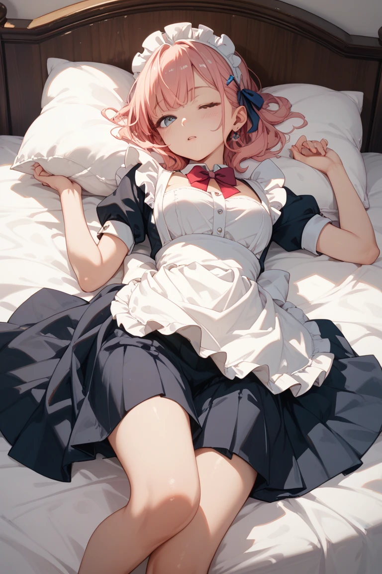 sleep on your stomach、1 girl,half closed eyes,blush,heart shaped eyes,pink hair,blue eyes,two side up,shoulder,evil children、tight,NSFW,pussy、pussy、pussy、Maid clothes,Nsfw,pussy juice,slut:1.5)