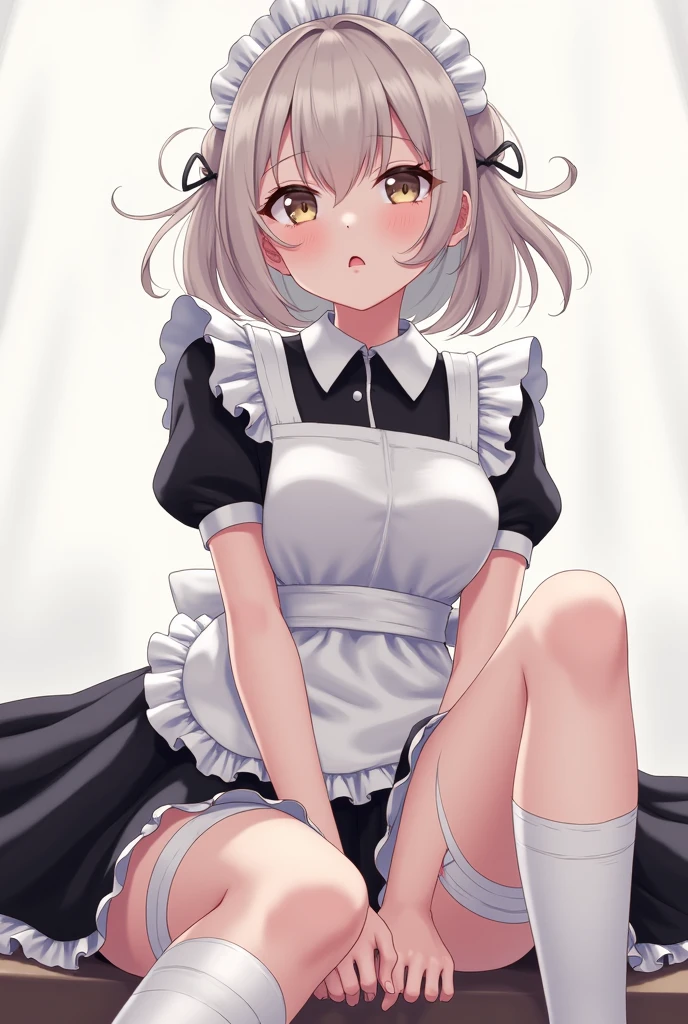 One Girl、Maid clothes、Are standing、Please lift your skirt、Used condom skirt、Blushing、Front view、Love juice dripping from between her legs