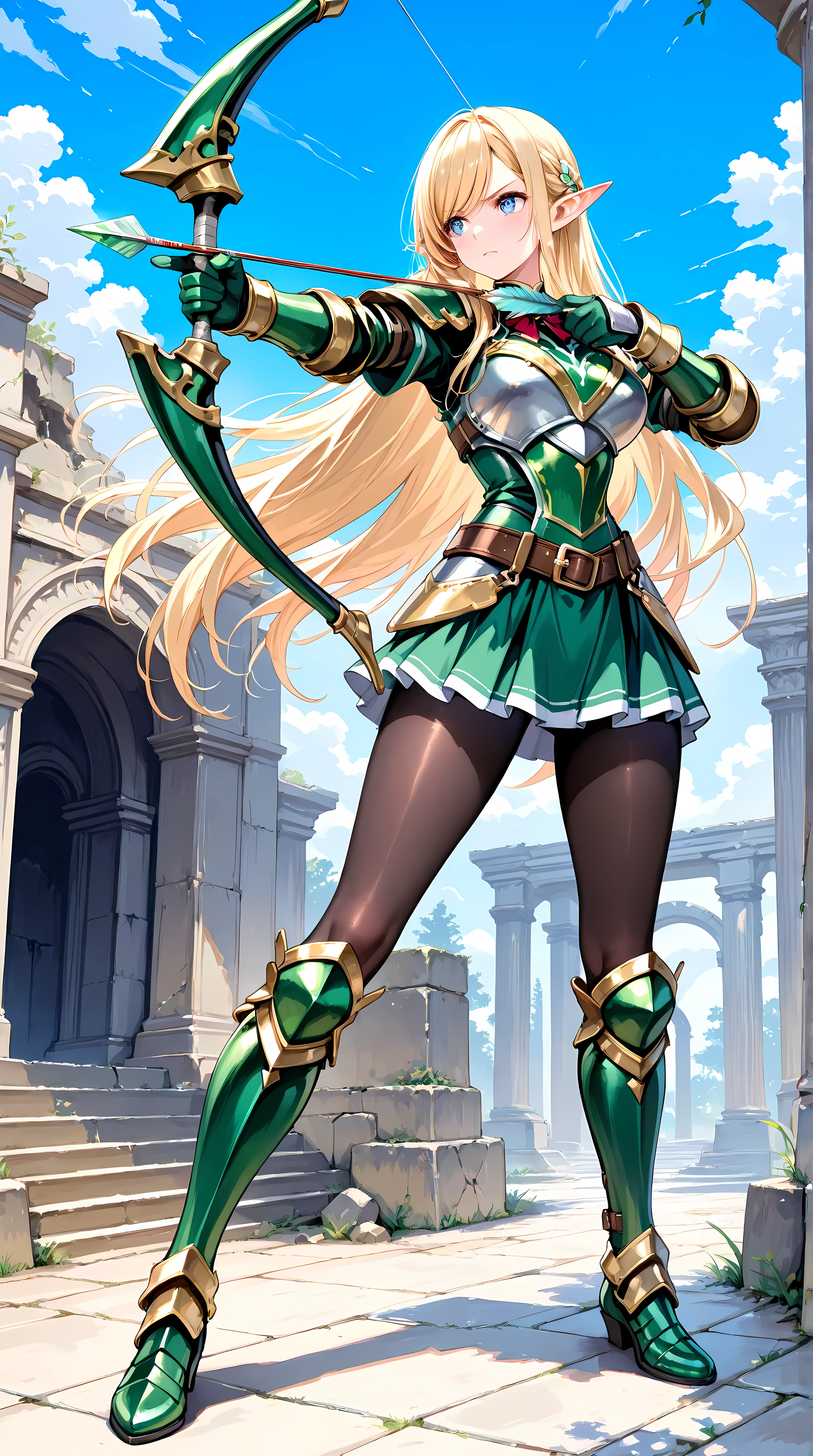 a highly detailed picture of a cool elf girl drawing her bow toward an enemy, with vibrant colors and a sharp focus, in 8K resolution, solo, slant eyes, blue eyes,  ((pointed ears)), Very long hair, shining blonde hair, swept bangs, perfect artwork, picture-perfect face, beautiful face, charming, seductive, alluring, enchanting, stylish, serious, large breasts, silver breastplate with gold decoration, wearing a Emerald green elf armor, Emerald green gauntlets, Luxury white flared mini skirt, Emerald green waist armor, black pantyhose, Emerald green thigh-high armored boots, holding a Composite bow, aiming, arrow \(projectile\), holding an arrow, drawing Composite bow, from front, looking away, full body shot, masterpiece, best quality, ultra realistic 8k cg, epic, background: outdoor, ruins temple with sacred spring,