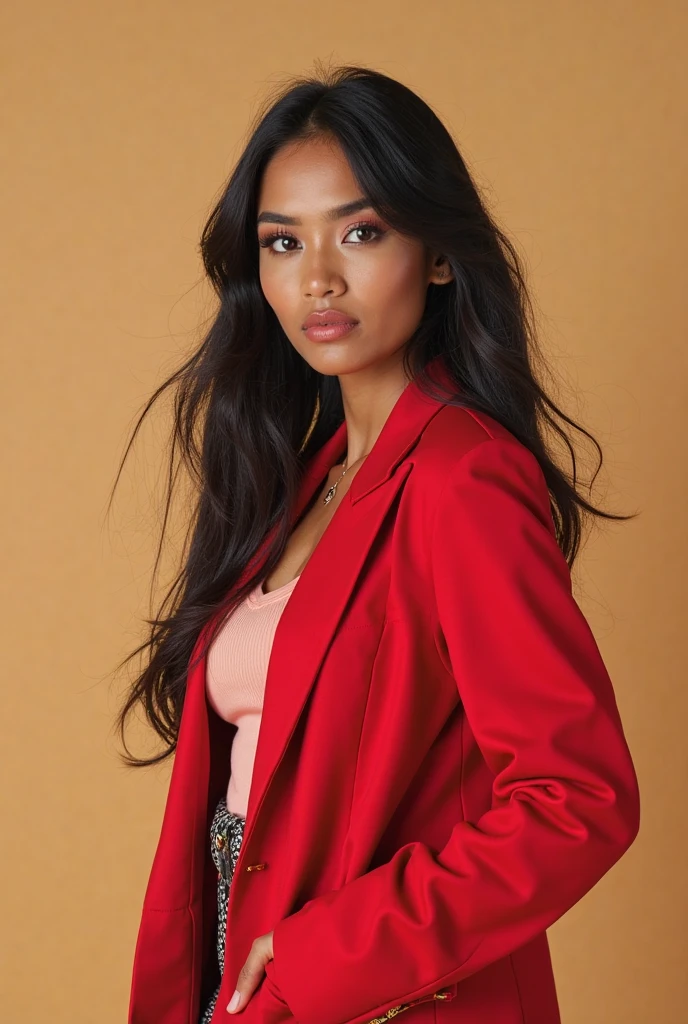 Masterpiece, (((full body shot view))), ((1 girl solo)), (one beautiful (Indonesian:0.8)-(Spanish:0.2) girl (looking at camera:1.5)), (((Risyana Devita))), 20 years old, breathtaking beauty, natural beauty, perfect and delicate face, detailed facial features, beautiful brown eyes, detailed eyes, soft lips, (long dark-black hair:1.5), (tall figure:1.5), (athletic body), (small breasts), cleavage breasts, pearl skin, (skin pores:0.7), extremely detailed face and skin texture, (skin texture:1.1), beautiful long legs, standing model pose, in a photo studio with flat background, (wearing a ((true-red) sexy Kimono Dress), extremely detailed and realistic clothes, sharp focus, 8k uhd, best quality, ultra-detailed, realistic, colorful tones, natural lighting, clean lines, vibrant colors, modern art style, high-res, professional-grade, textured finish, contrasting elements, dynamic composition, lifelike texture, precise details, expert craftsmanship, layered colors, dramatic lighting, stunning visuals, exquisite artwork, (depth of field),