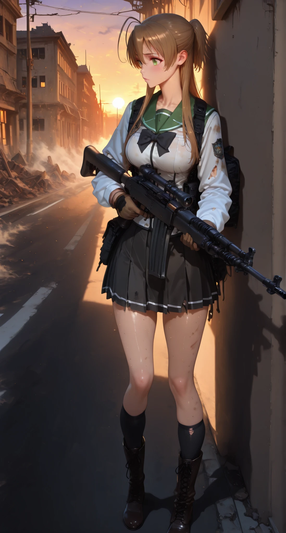 cinematic, (masterpiece), (best quality), (ultra-detailed), very aesthetic, illustration, realistic illustration, perfect composition, intricate details, absurdres, (anime, masterpiece, intricate:1.3), (best quality, hires textures, high detail:1.2), (4k),(incredibly detailed:1.4),realistic shadow, ( 1girl, Rei Miyamoto, school girl,wealing a school uniform),Create a full-body image of a female holding a M14 semi-automatic rifle,(in a street:1.3), focused and searching for enemies, The background features a desolate, war-torn landscape with crumbling buildings, dust in the air, and distant mountains, wearing military boots, gloves, Her posture exudes strength and concentration, as the sun sets behind, casting a dramatic glow over the scene. they wear and get her dirty with sweat & dust to make her look like she just got out of a firefight. There should be a sense of tension and realism, with an emphasis on her professional, tactical skills and the harsh, dangerous environment. The lighting is dynamic, highlighting her figure and the rifle, with shadows adding depth to the ruined building, highly transparen hair, sunset ,Glowing Contours, various lighting