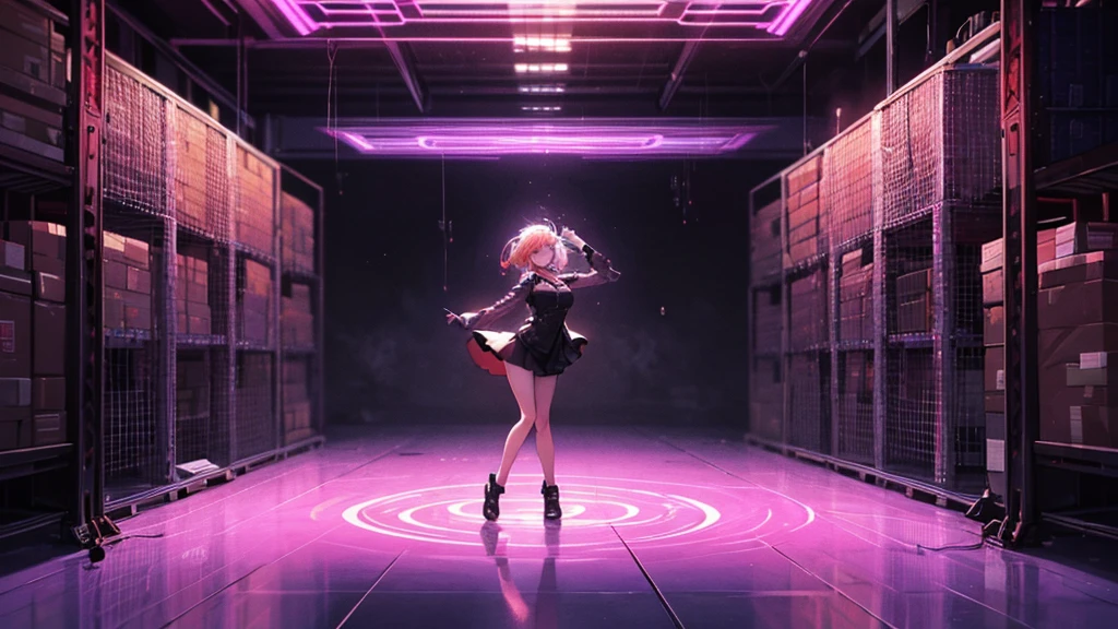 Cylindrical smart speaker on table, Hologram anime girl character projected from speaker, Characters dancing and posing in a room, No humans, Hologram text and projector only, Furniture and communication
